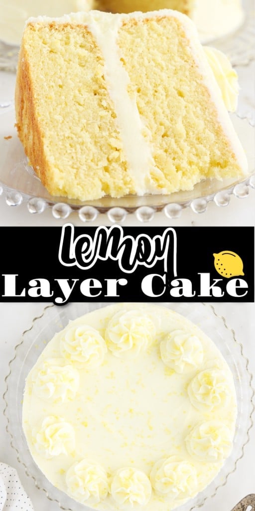 Top view of a Lemon Layer Cake in the bottom half of picture and front view of a slice of lemon layer cake on a glass plate in the top half of it