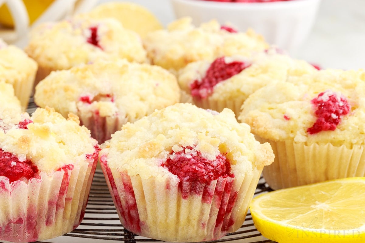 Front close up of Lemon Raspberry Muffins on a cooling rack.