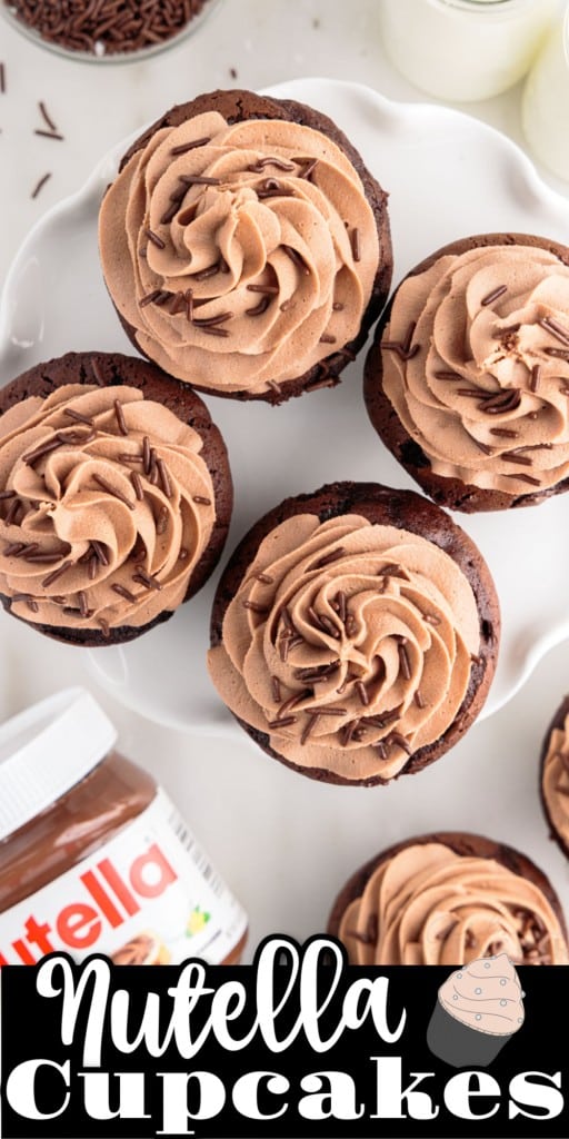 Top view of Nutella Cupcakes on a plate next to a jar of Nutella.