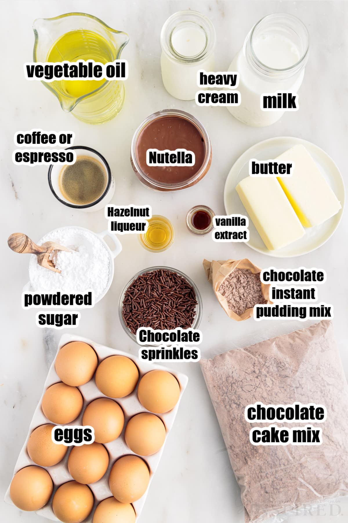 Ingredients to make these cupcakes, in small bowls on the counter, with text overlays.