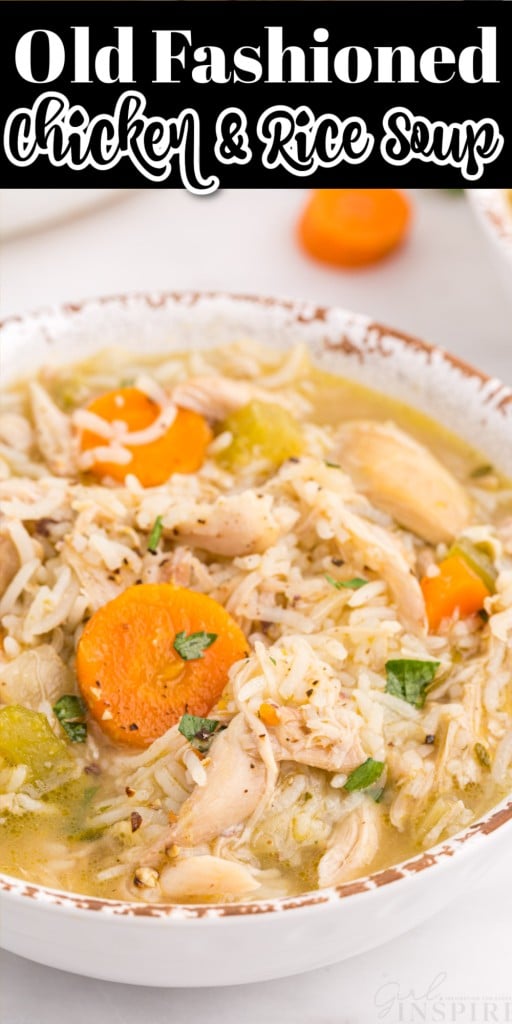 Close up of Old Fashioned Chicken and Rice Soup in a bowl.