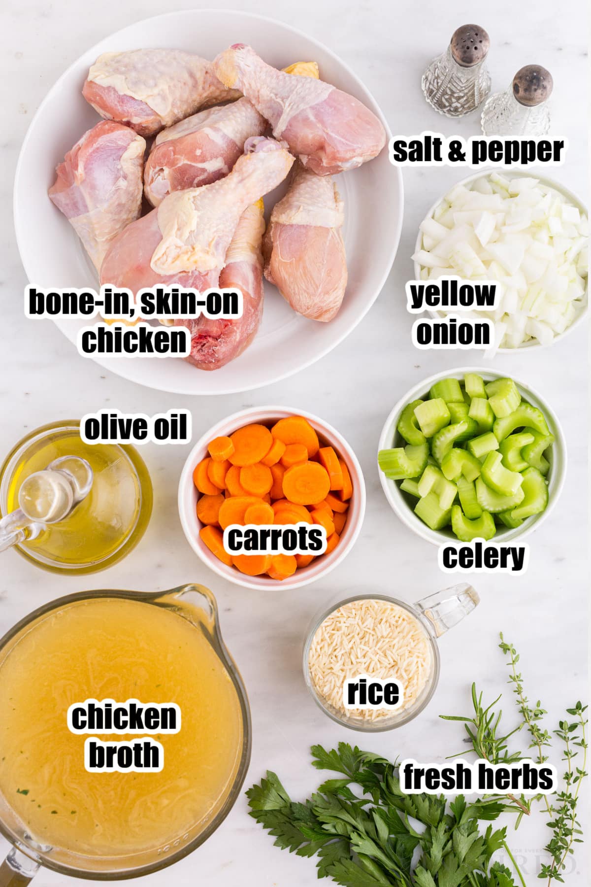 Old Fashioned Chicken Rice and Soup ingredients laid out for use.