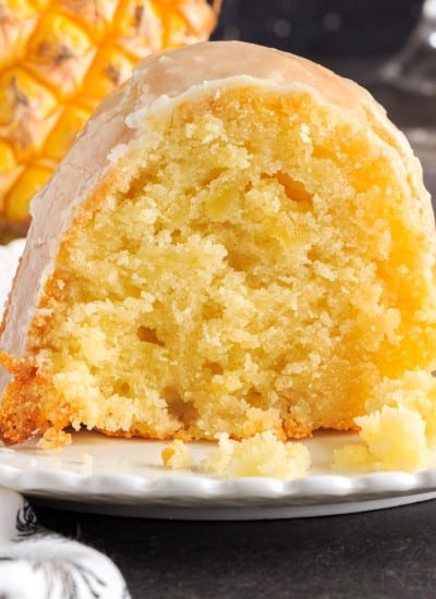 Close up of a slice of Pineapple Pound Cake on a plate.