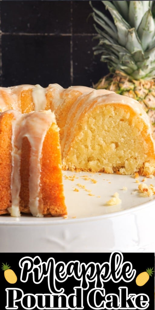 Front view of Pineapple Pound Cake with slices missing on a white cake stand