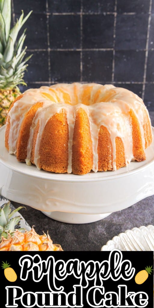 Pineapple Pound Cake on a white decorative cake stand.