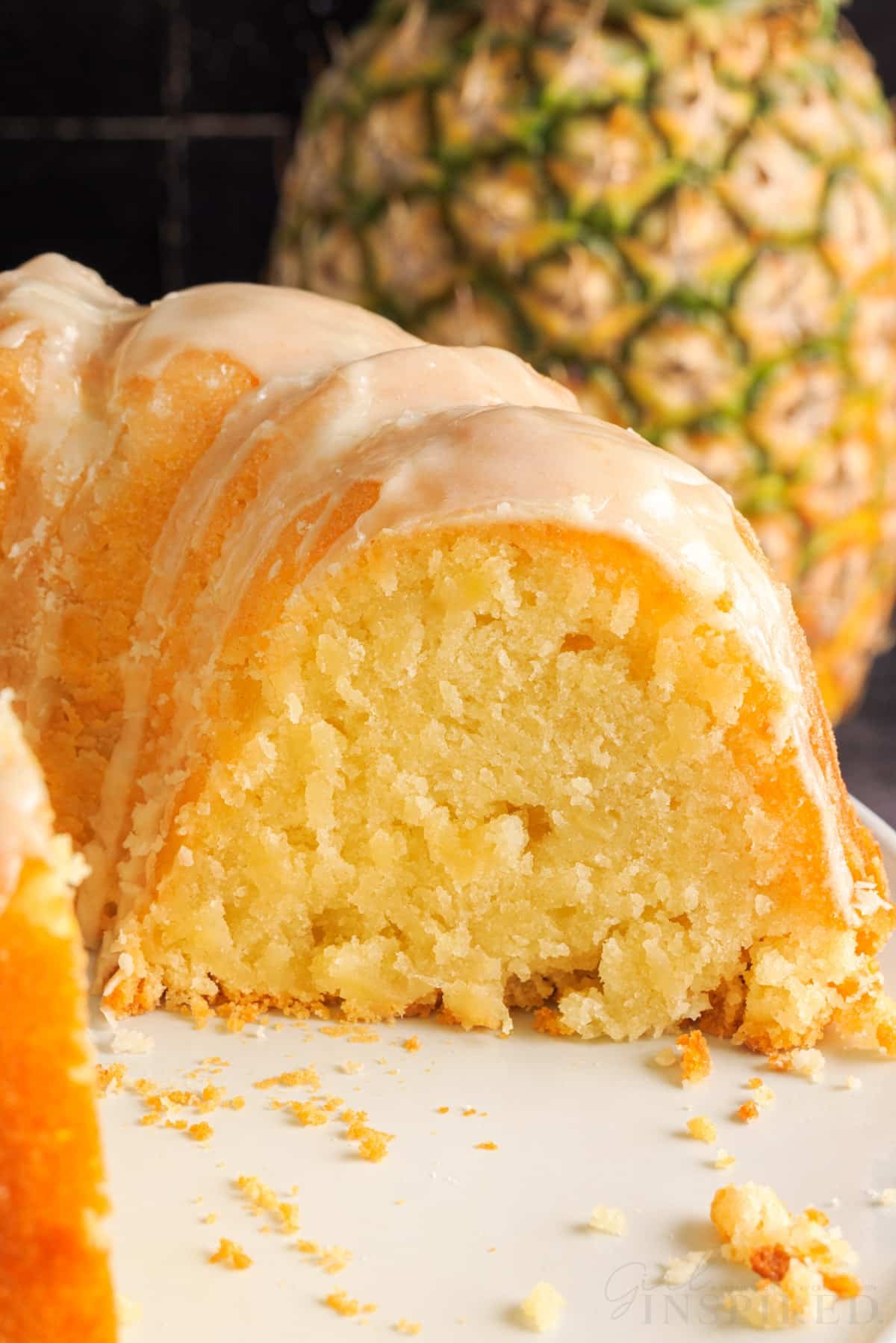 Right close up of Pineapple Pound Cake with slices missing.