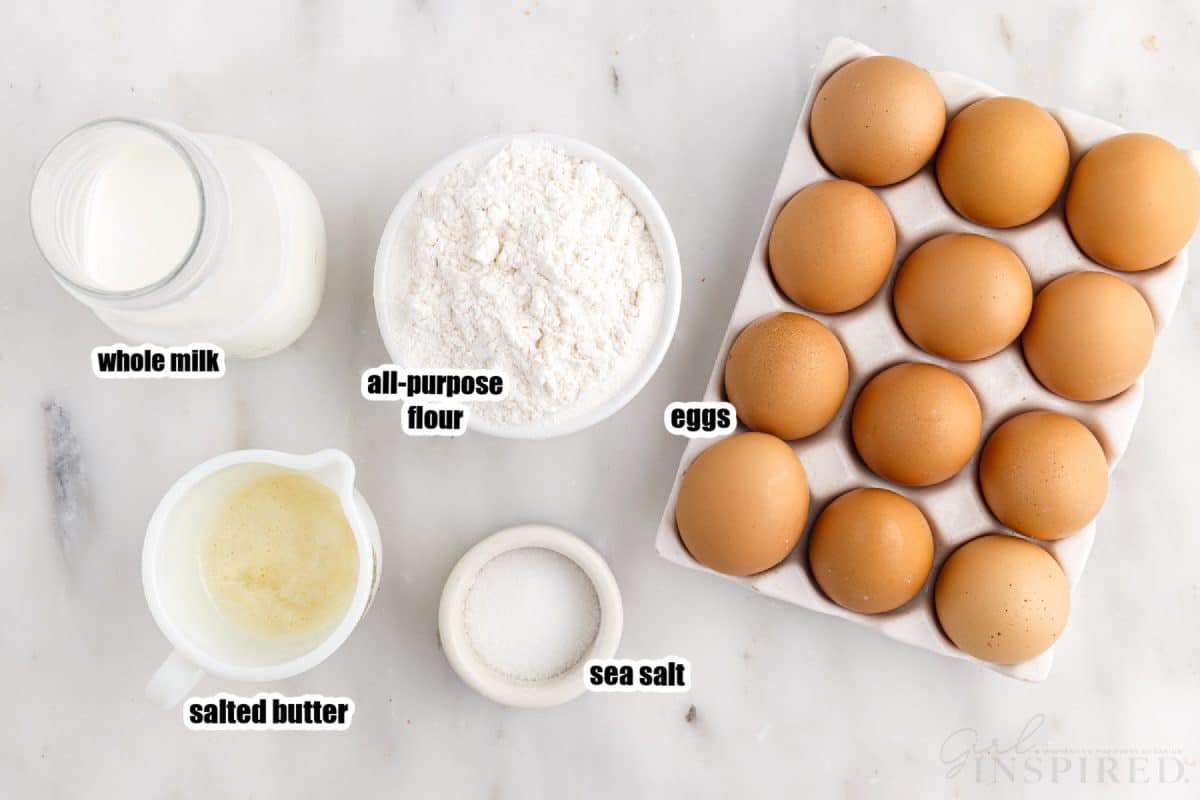 Ingredients needed to make popover recipe.