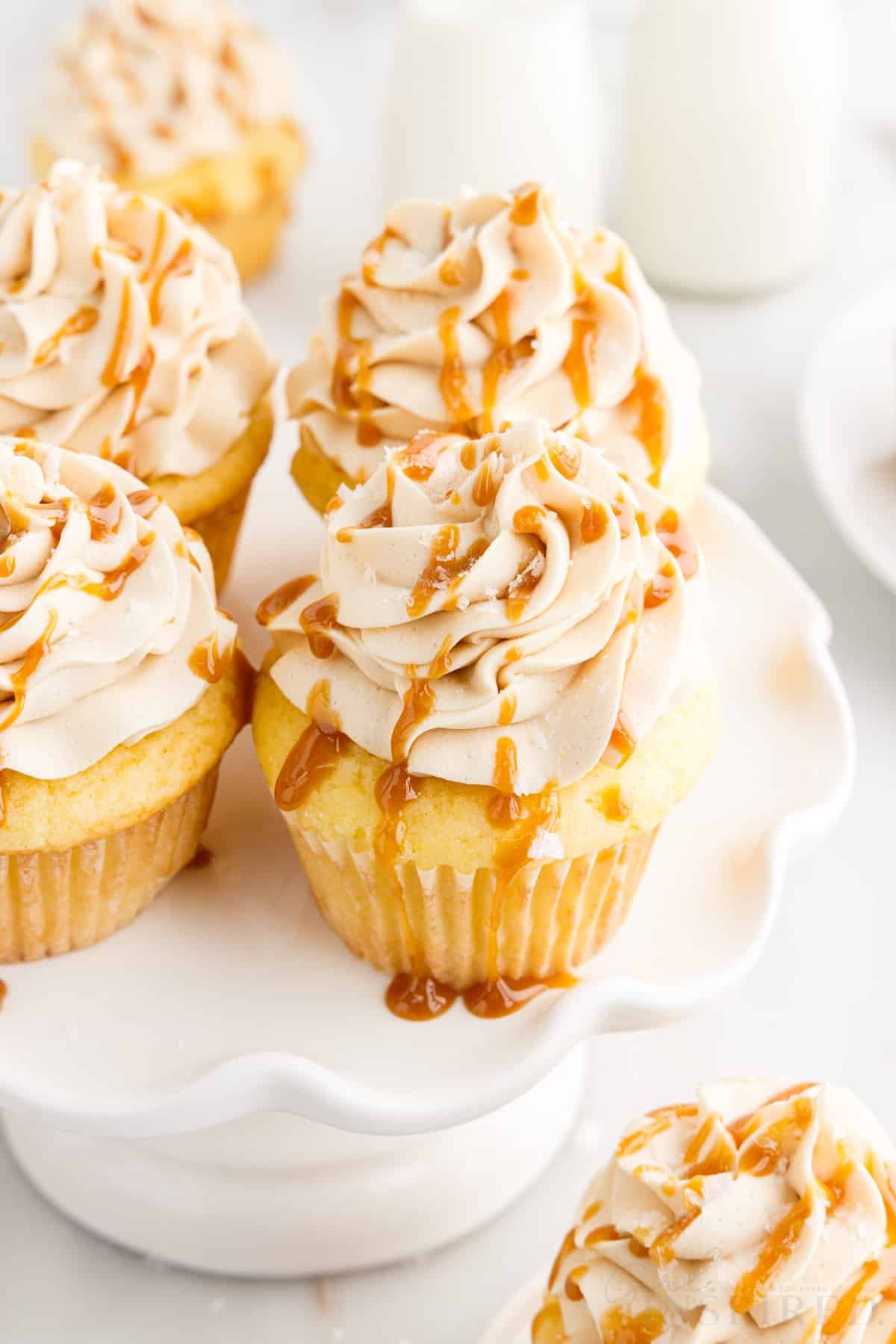Salted Caramel Cupcakes on a tray.