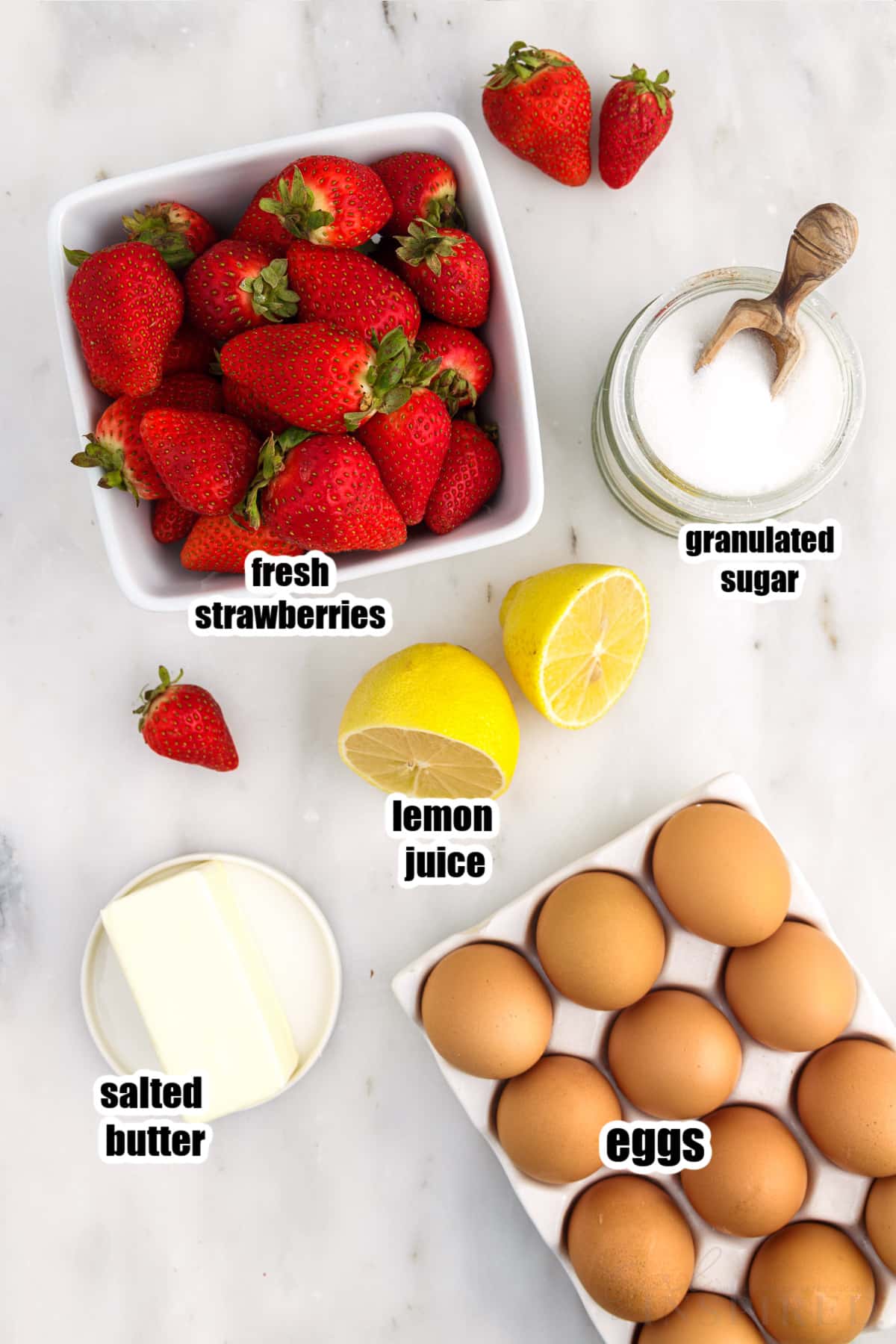 Ingredients needed to make Strawberry Curd.