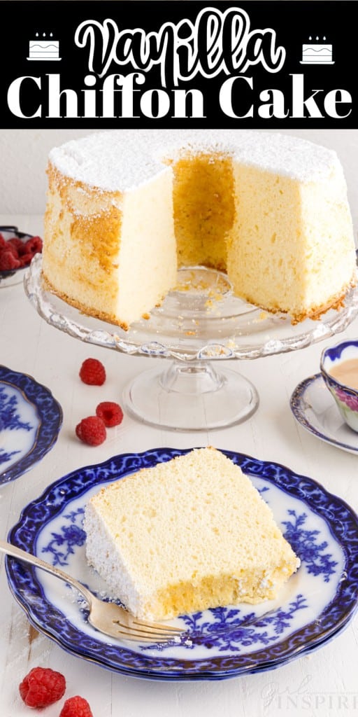 A plain slice of Vanilla Chiffon Cake on a decorative plate and rest of the cake on a cake stand in the background with raspberries around