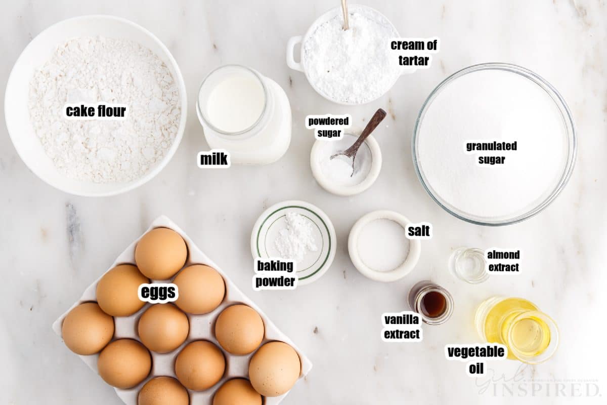 Ingredients needed to make Vanilla Chiffon Cake.