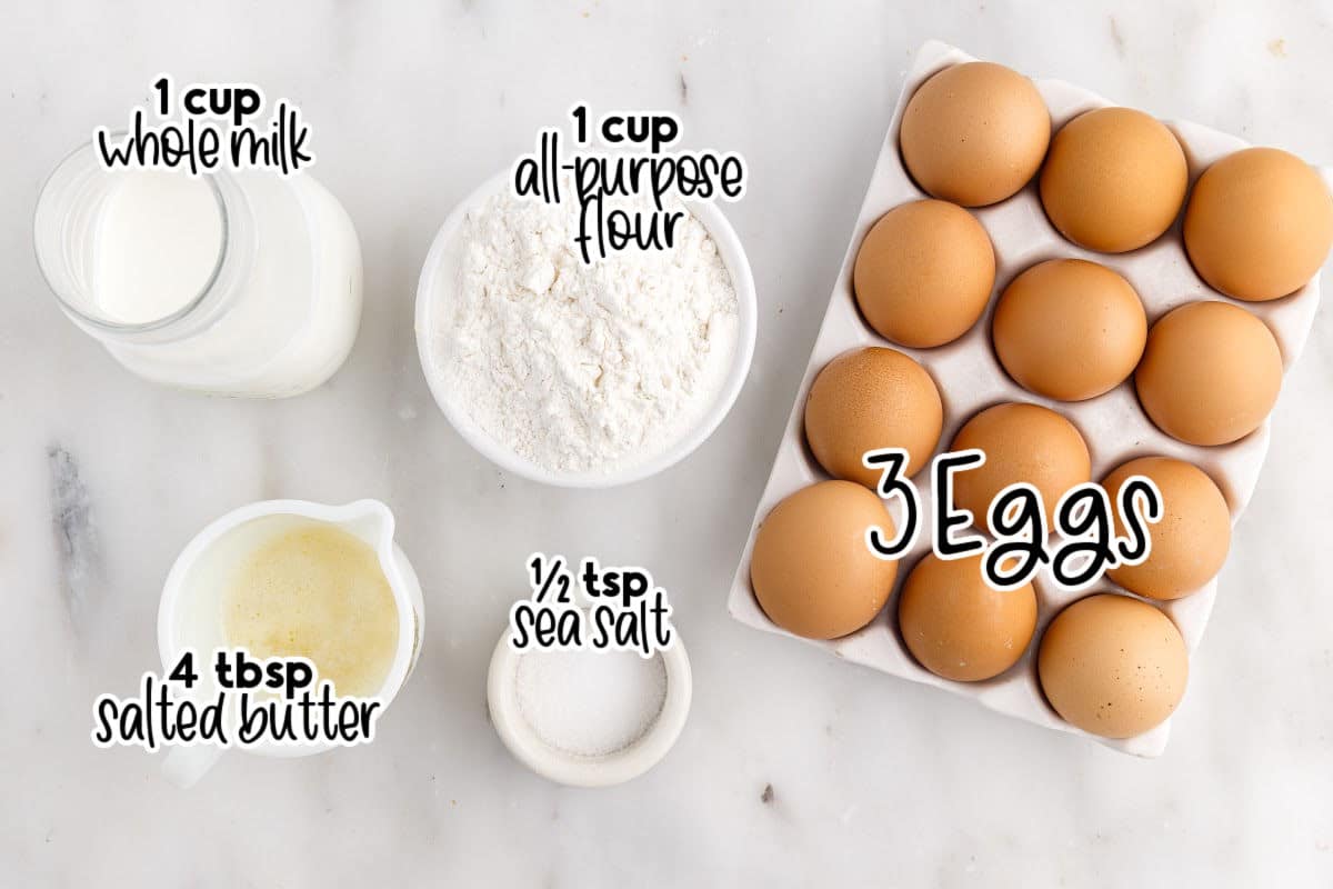Popover recipe ingredients on the counter in various sized bowls, with text overlays.