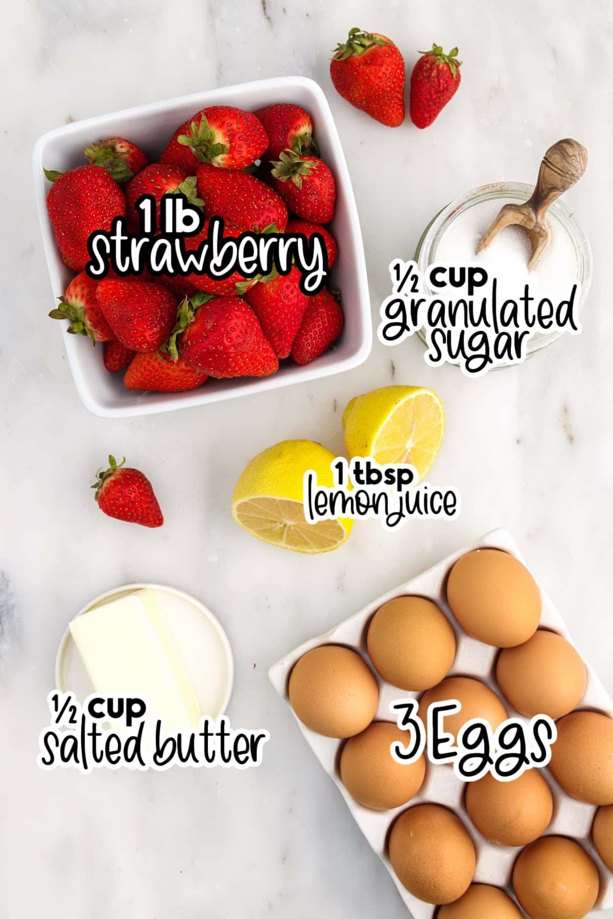 Individual ingredients needed to make Strawberry Curd with text labels.
