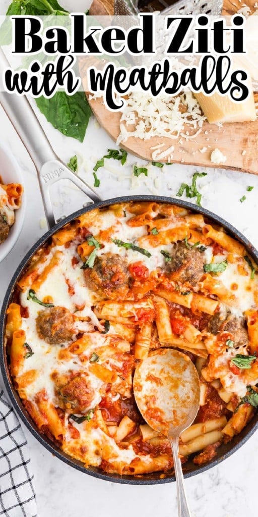 Metal spoon in Baked Ziti with Meatballs in a large skillet, bowl of baked ziti with meatballs, wooden kitchen board with cheese.