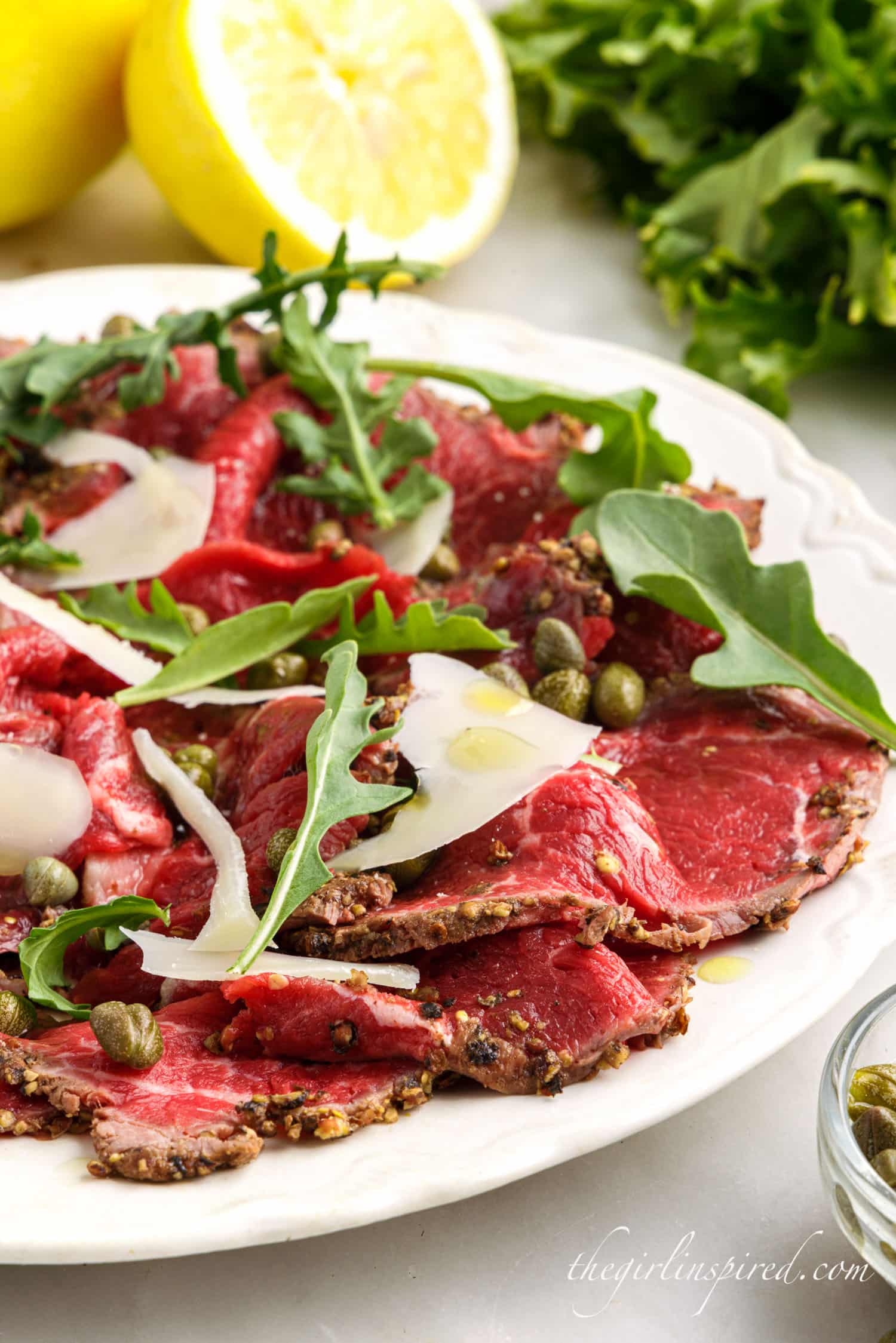 Front view of a plate of Beef Carpaccio.
