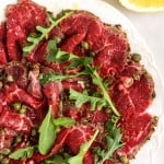 Close up of the overhead view of Beef Carpaccio.