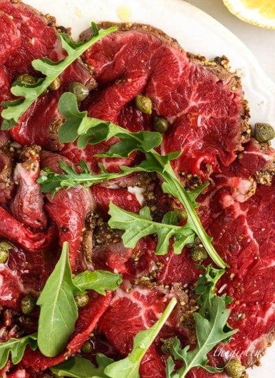Close up of the overhead view of Beef Carpaccio.