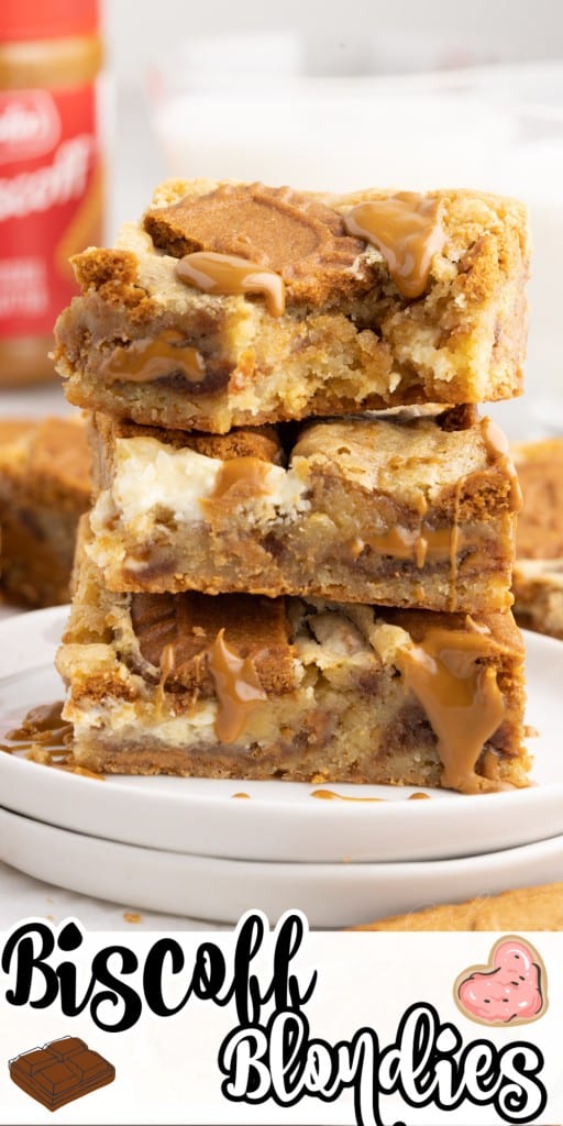 Stacked Biscoff Blondies with a bite taken from the top one.