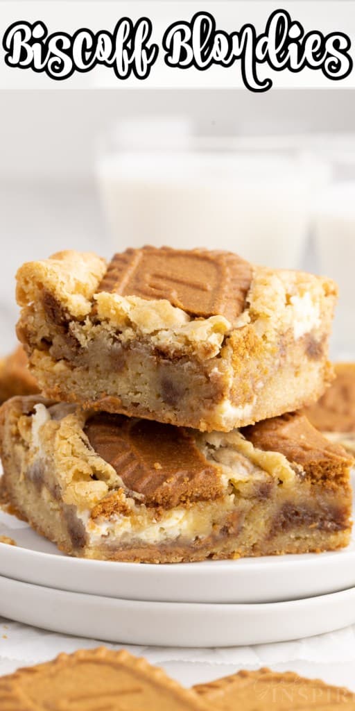 Biscoff Blondies stacked on two small dishes.
