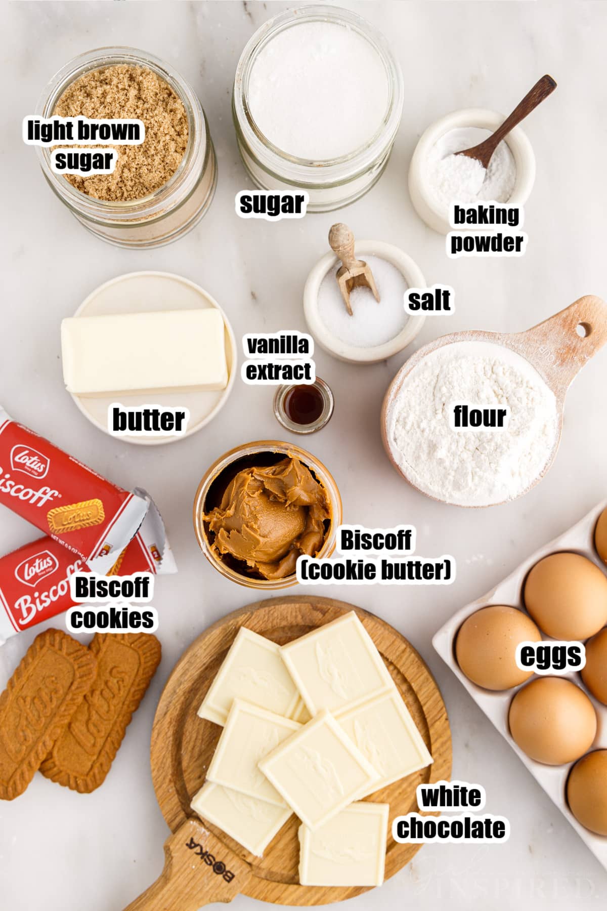 Ingredients needed to make Biscoff Blondies with text labels.