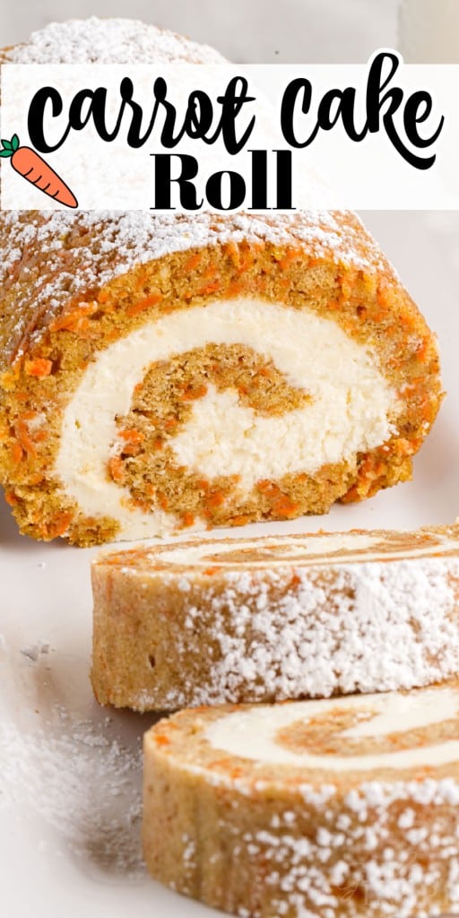 Front view of Carrot Cake Roll on a white platter with two slices sliced