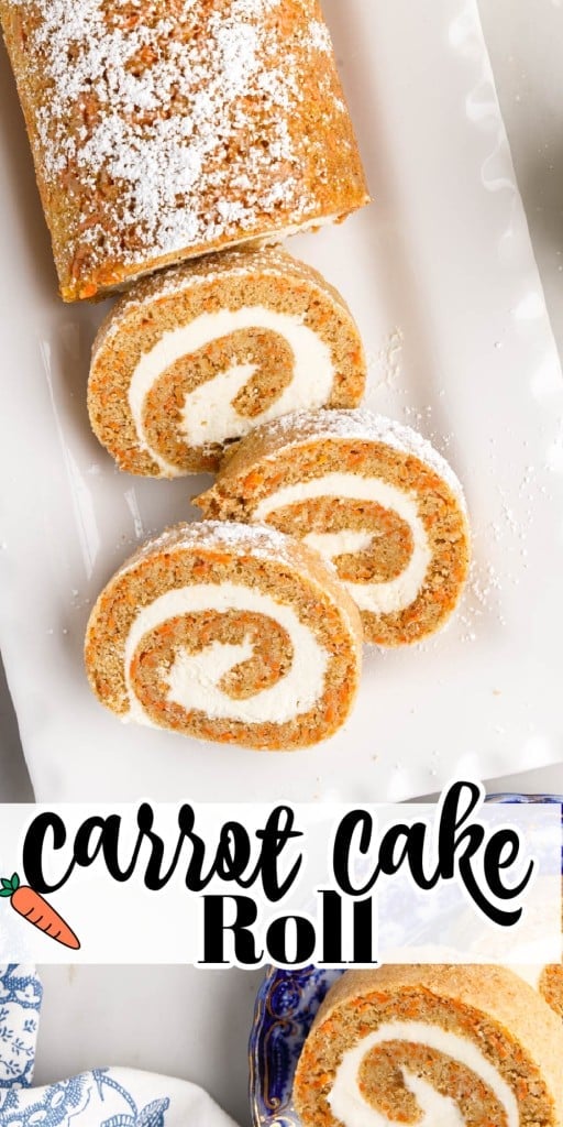Overhead view of Carrot Cake Roll with three slices sliced on a platter and two slices on a plate.