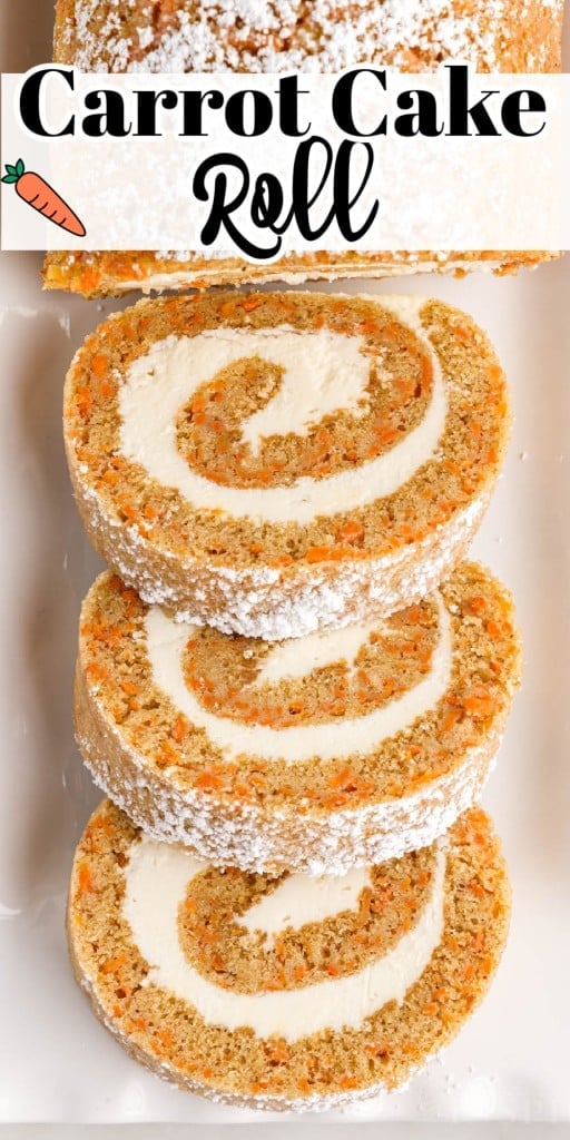 Overhead view of Carrot Cake Roll with three slices sliced.