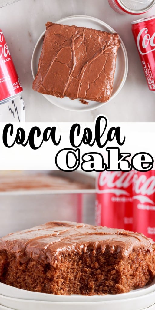 Overhead shot of a slice of coca cola cake on a small plate with coca cola cans scattered around it and close up of a slice of Coca Cola Cake with a bite taken from it on a plate