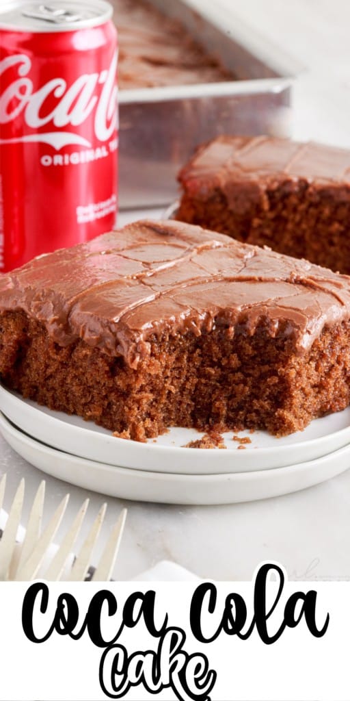A slice of Coca Cola Cake with a bite taken from it on a plate.