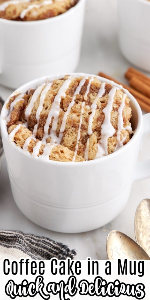 close up of a coffee cake in a mug with sugar glaze on top of it