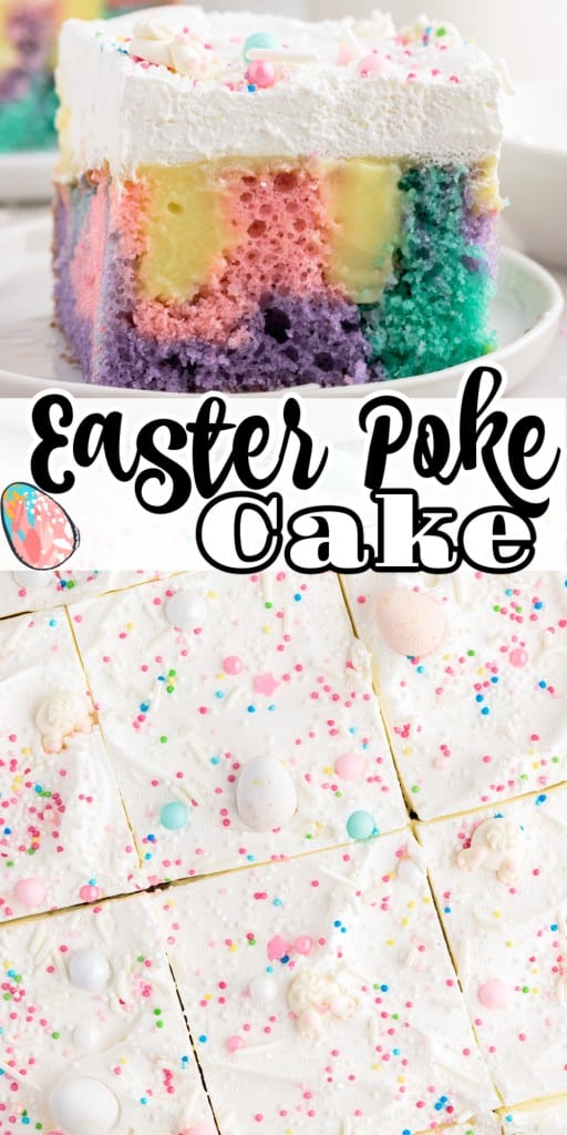 Close up of a slice of Easter Poke Cake on a small white dish and overhead shot of squares of easter poker cake.