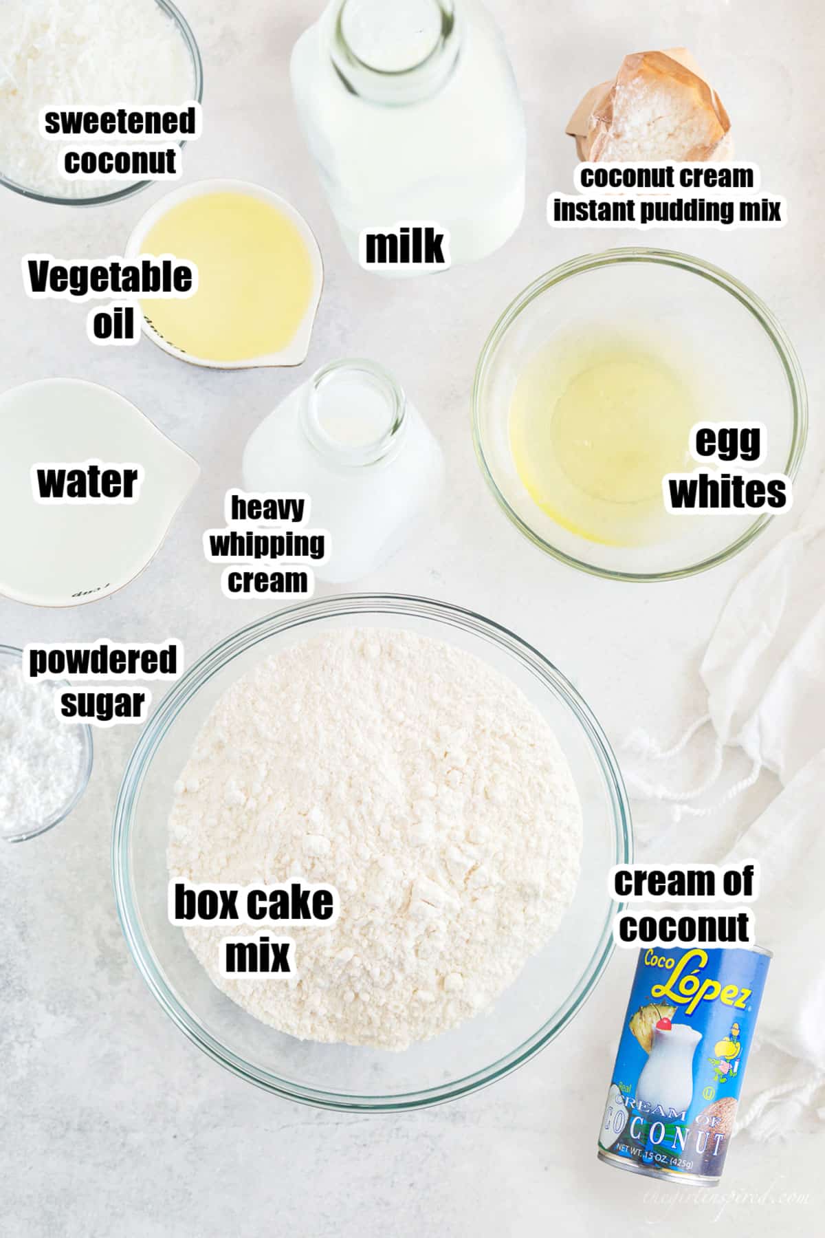 Ingredients needed to make Coconut Poke Cake.