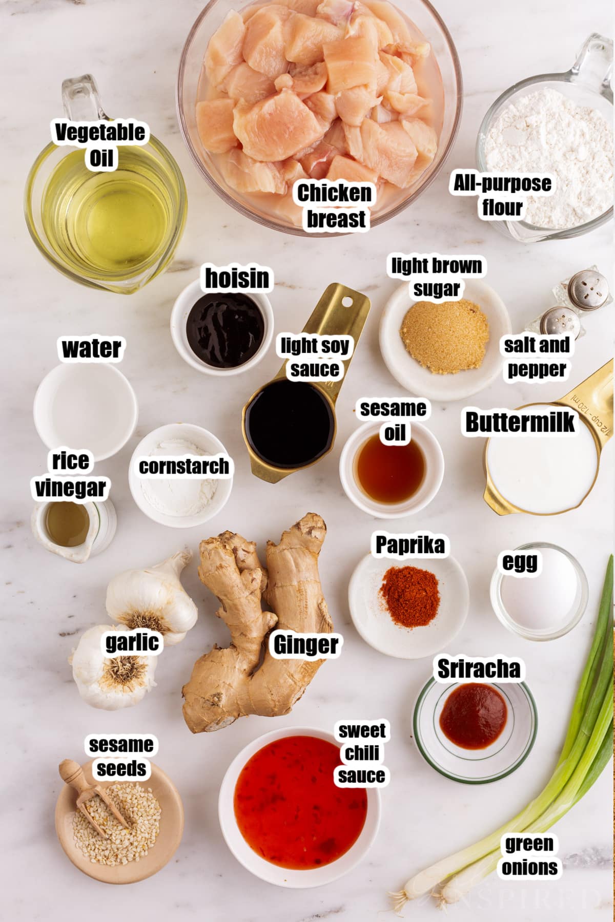 Individual ingredients for Chinese General Tso Chicken with text labels.