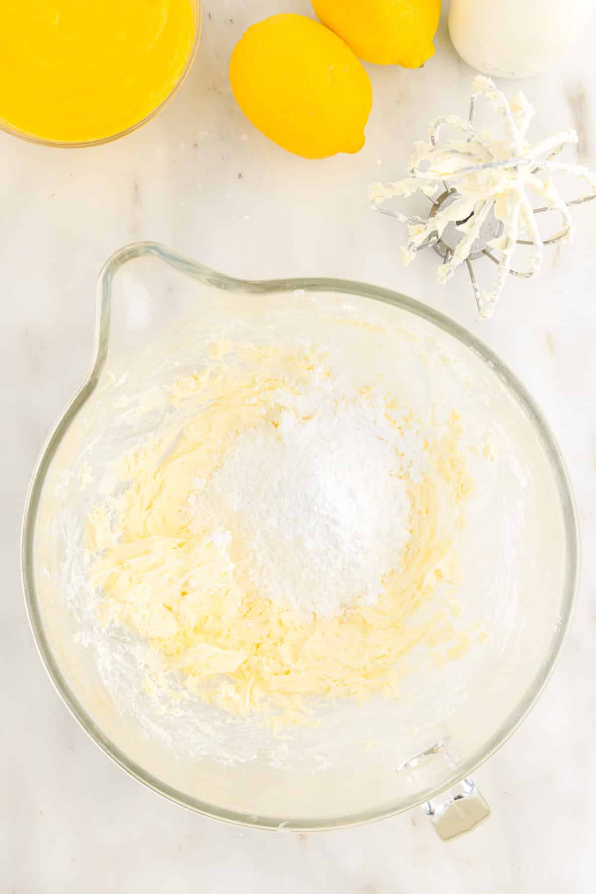 Powdered sugar added to whipped butter.