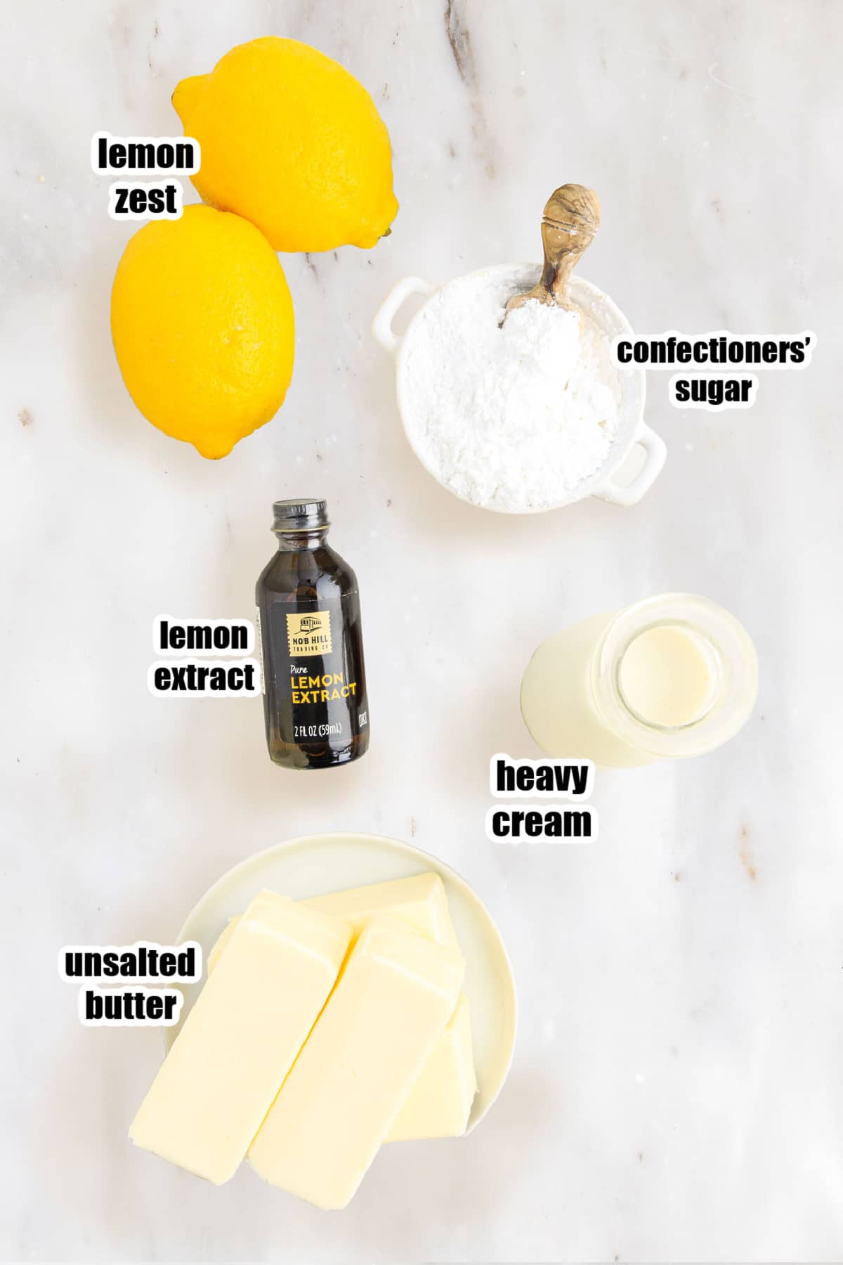 Ingredients needed to make Lemon Buttercream Frosting.