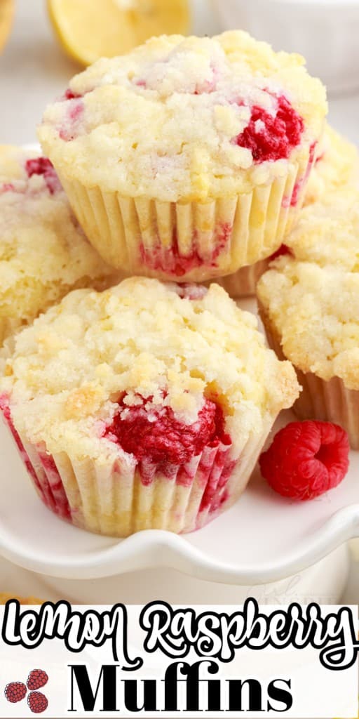 Close up of Lemon Raspberry Muffins, stacked on a cake stand
