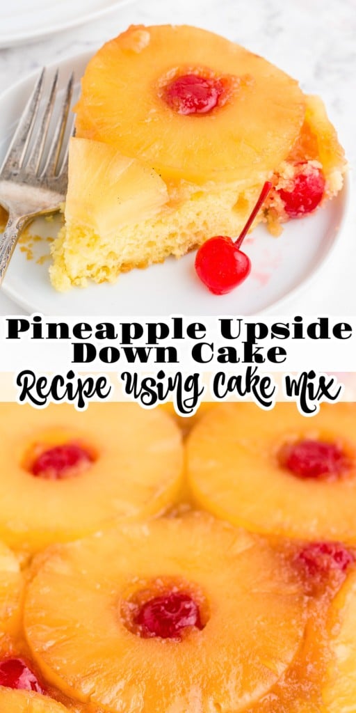 Slice of pineapple upside down cake on a serving plate with a metal fork and close up of pineapple upside down cake on a white serving plate on a marble countertop.