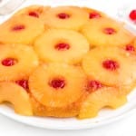 Close-up of pineapple upside down cake recipe using cake mix.