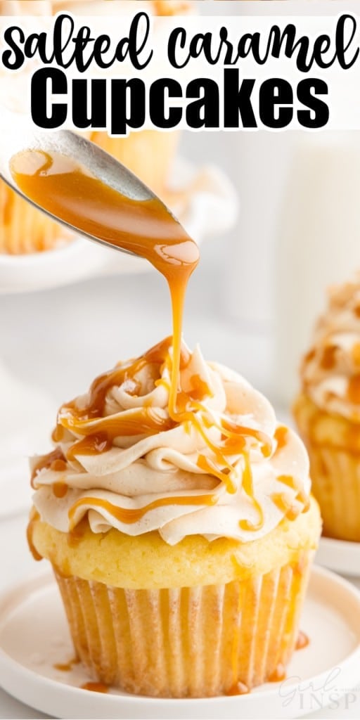 Caramel drizzled from a spoon onto a Salted Caramel Cupcake.
