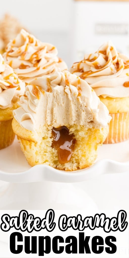 Front view of Salted Caramel Cupcakes, one with a bite missing placed in front.