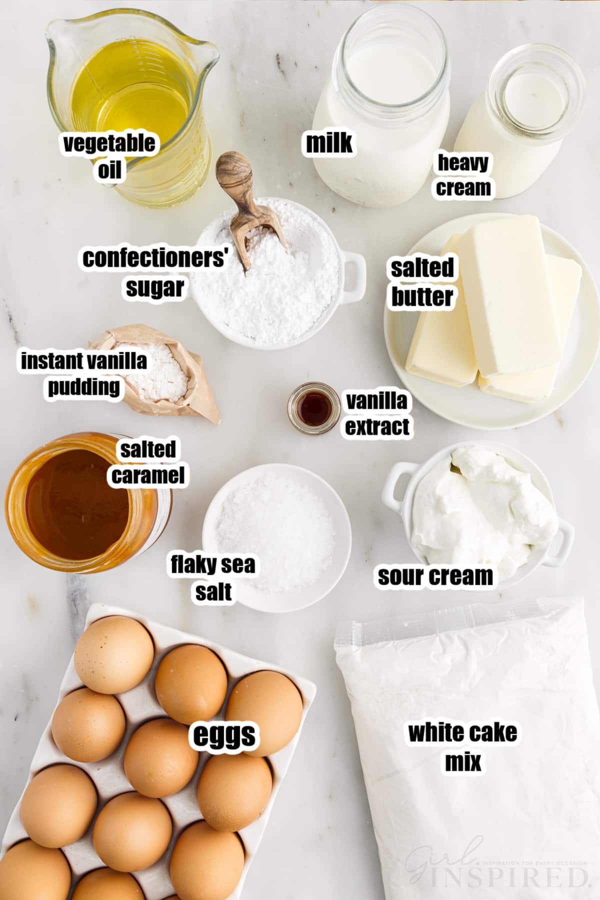 Ingredients needed to make Salted Caramel Cupcakes.
