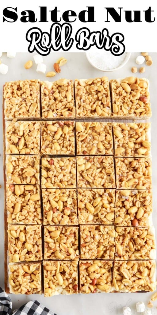 Salted Nut Roll Bars cut into squares on a cutting board.
