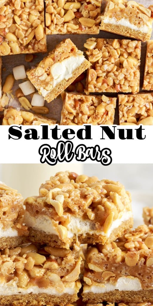 Salted Nut Roll Bars cut into squares on a cutting board and a bite taken from a Salted Nut Roll Bars stacked on top of each other.