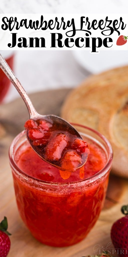 Front view of strawberry freezer jam and a spoonful of jam held over a jar.