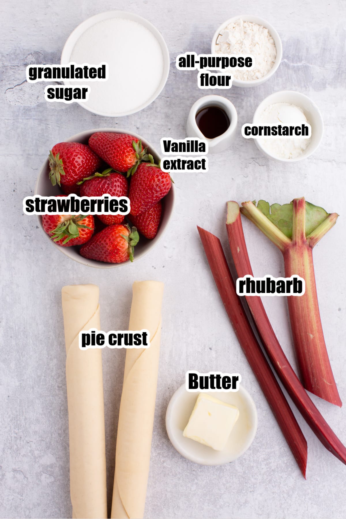 Ingredients needed to make Strawberry Rhubarb Mini Pies.