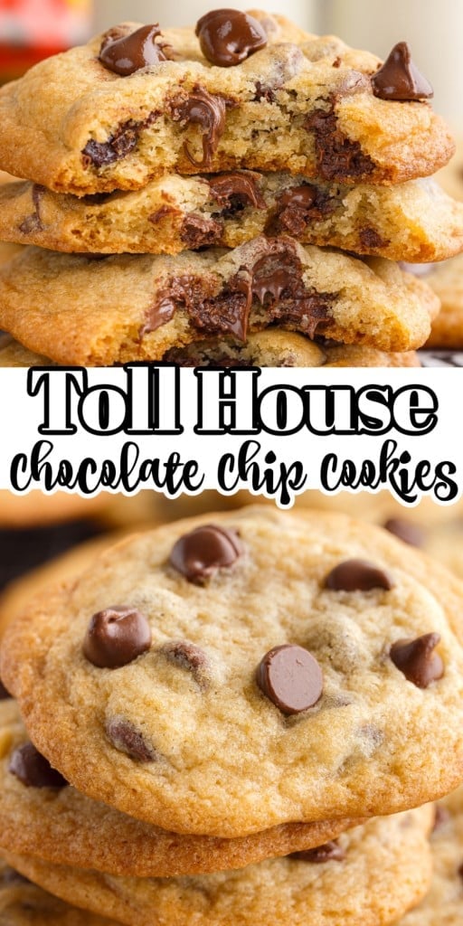 Close up of Toll House Chocolate Chip Cookies stacked on each other on a cooling rack.