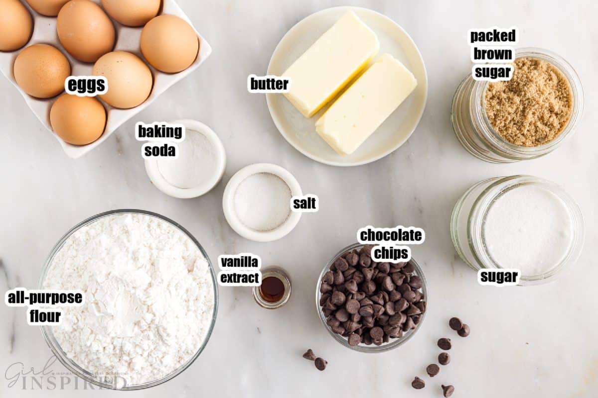 Ingredients needed to make Toll House Chocolate Chip Cookies.