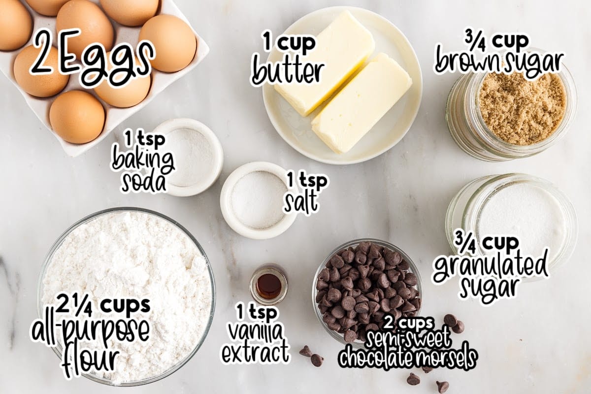 Ingredients needed to make Toll House Chocolate Chip Cookies, with text labels.