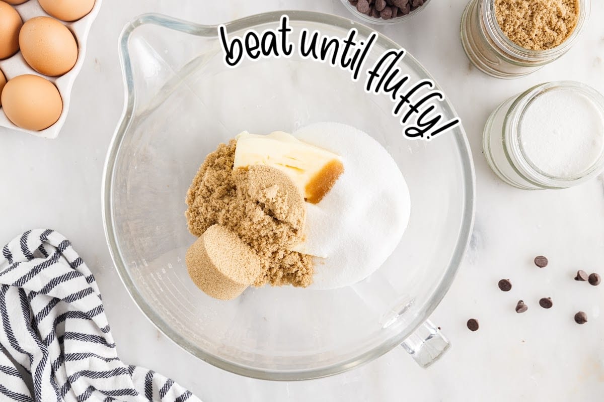 Sugar, butter, and brown sugar in a mixing bowl, with text overlay "beat until fluffy."