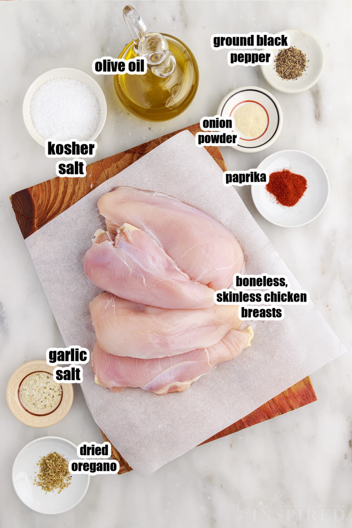 Ingredients needed to make Air Fryer Boneless Chicken Breasts.